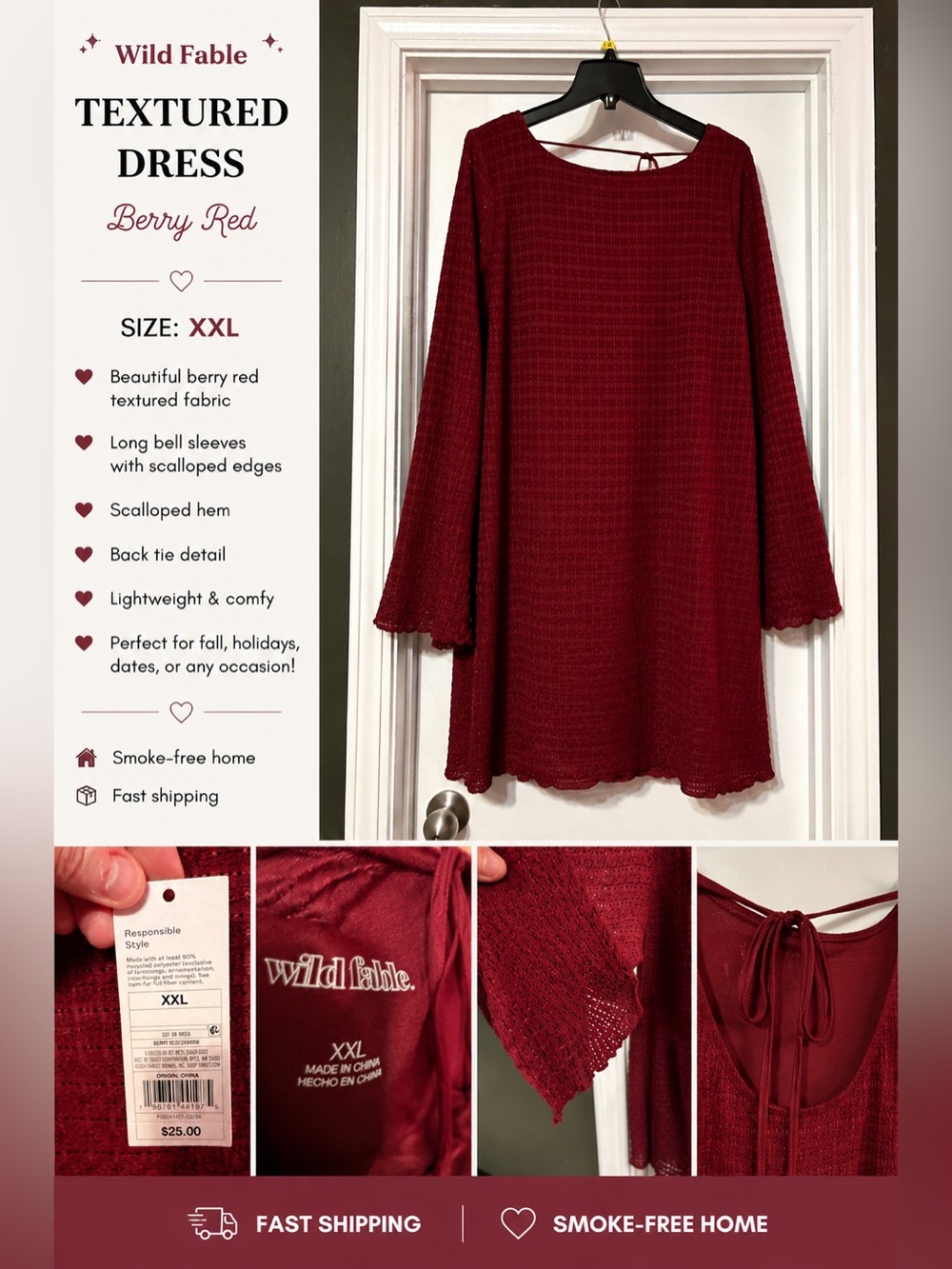wild fable berry red textured scalloped dress